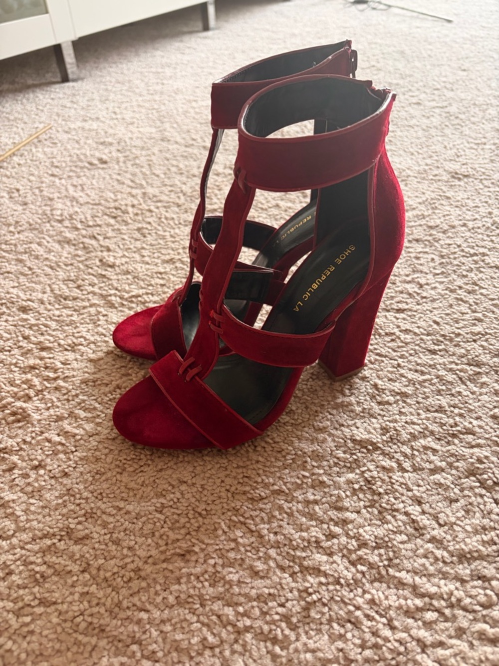 Shoe Republic LA Women's Burgundy Red Suede T-Strap Block Heels